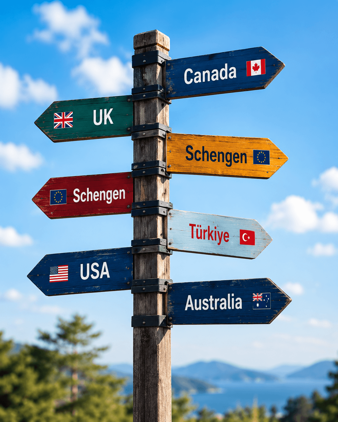 Travel signposts pointing toward different countries