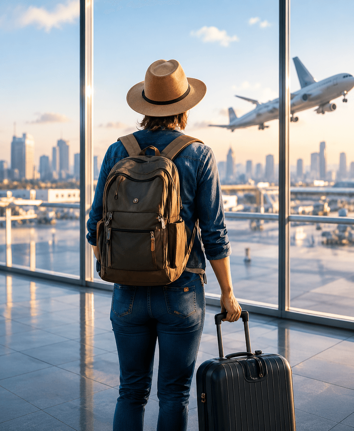 Traveller walking through an airport with luggage