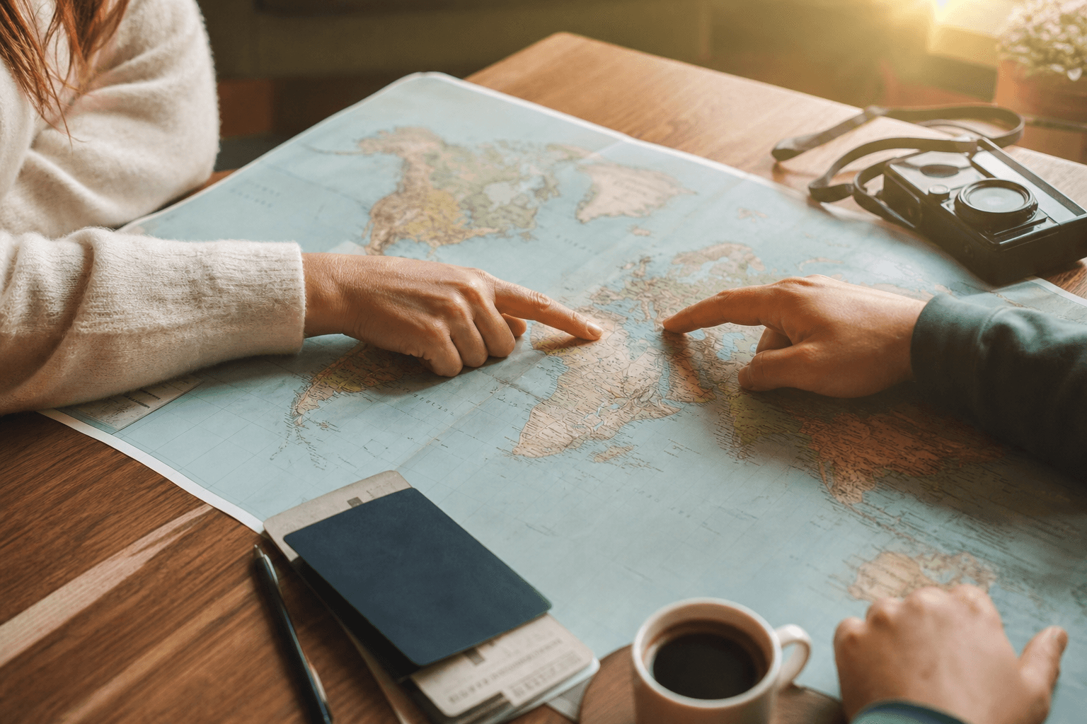 Hands planning a route on a map