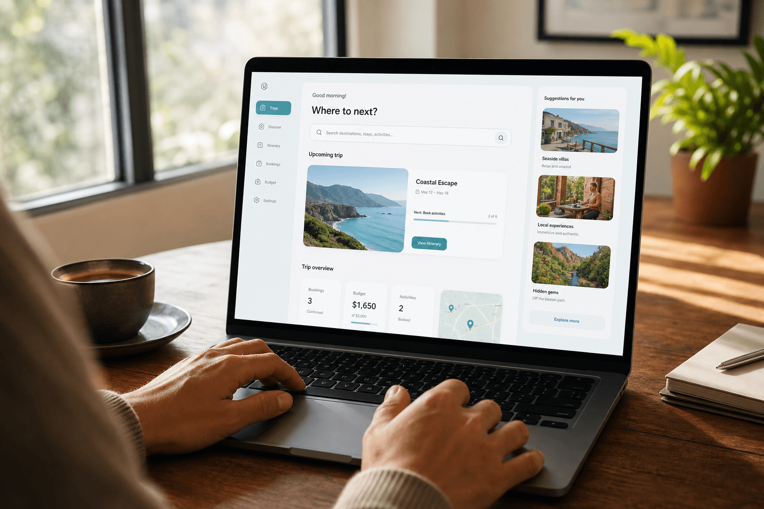 Reviewing a travel plan on a laptop