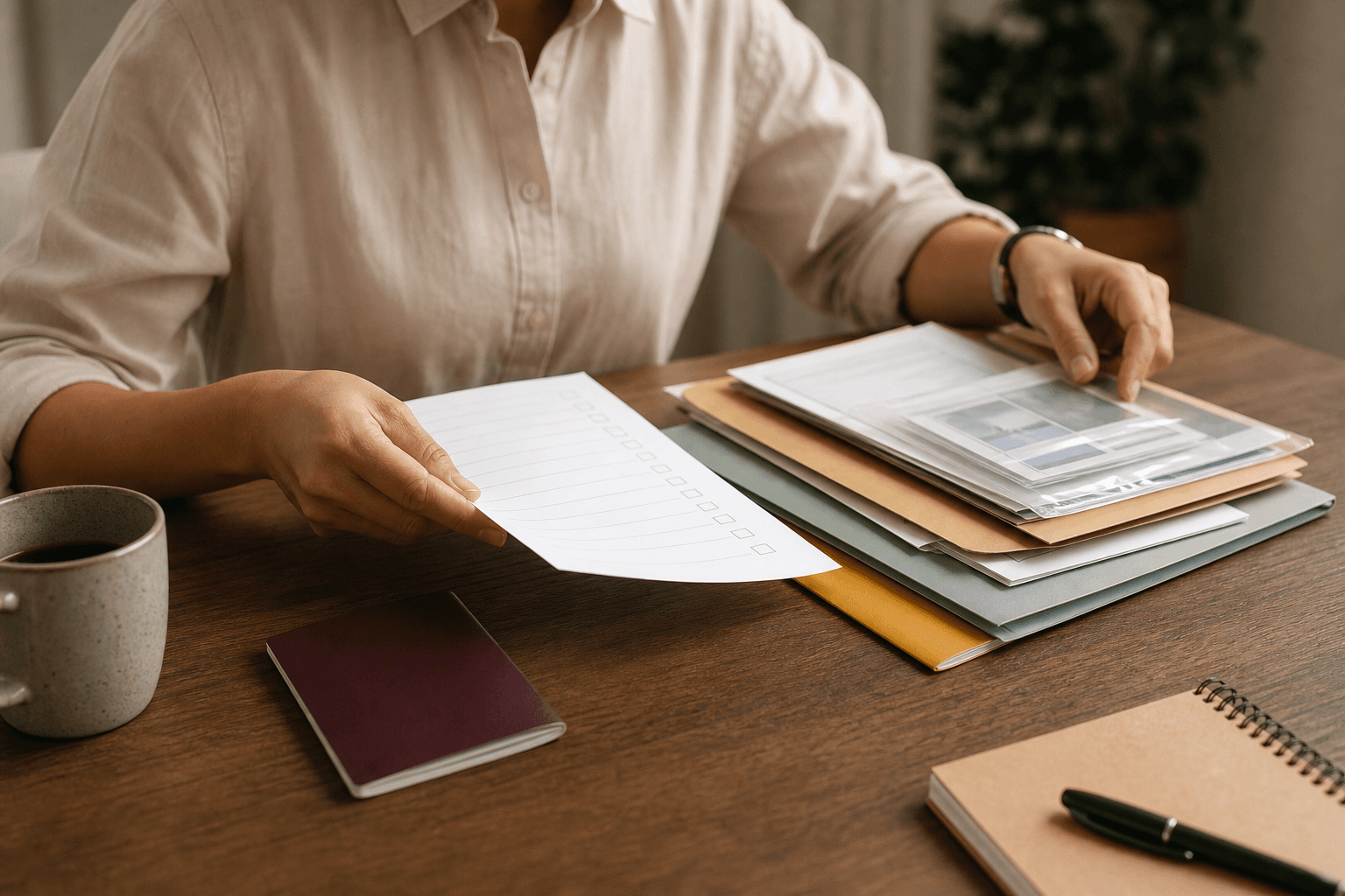 Person organising documents and a checklist