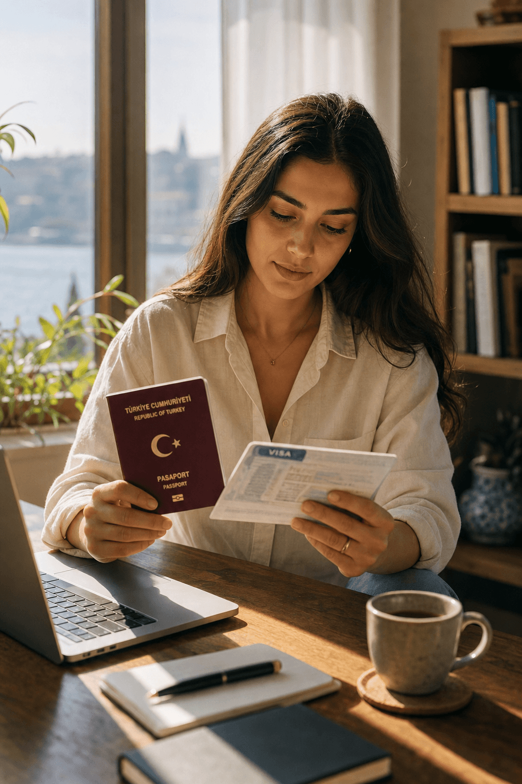 Person at home planning a visa journey with a passport and documents